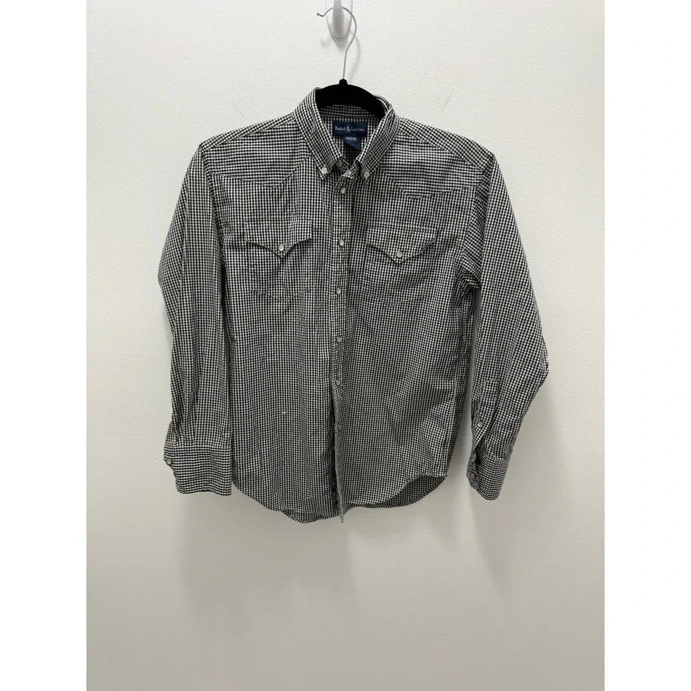 Ralph Lauren Boys Black White Gingham Western Snap Shirt M 12/14 RN